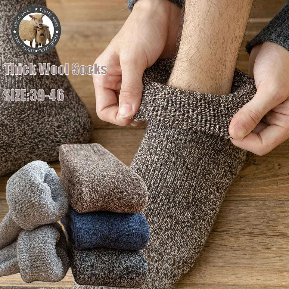 Winter Men&#39;s Merino Wool Socks Super Thick Warm High Quality Harajuku Retro Snow Casual Antifreeze Cashmere Socks Men 3 Pair - KIMLUD