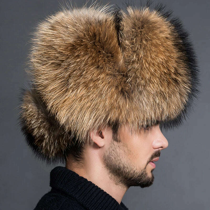 Winter Men's 100% Real Silver Fox Fur Aviator Bomber Hat Raccoon Fur Ushanka Cap Trapper Russian Man Ski Hats Caps Real Leather - KIMLUD