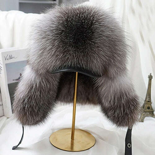 KIMLUD, Winter Men's 100% Real Sliver Fox Fur Bomber Hat Raccoon Fur Ushanka Cap Trapper Russian Man Ski Hats Caps Mens Raccoon Fur Hat, silver blue 1 / 56-57cm, KIMLUD Womens Clothes