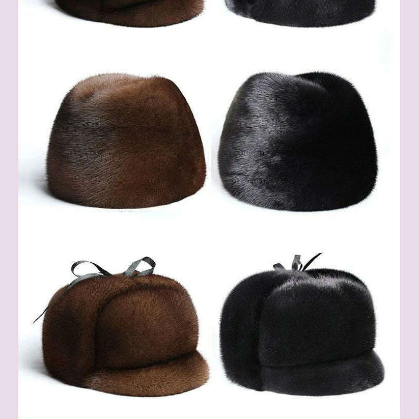 Winter Thickened Genuine Mink Fur Bomber Hat For Man Black/Brown Tag Elderly Ear Warm Chapeau Motorcycle Russian Style Mink Caps - KIMLUD