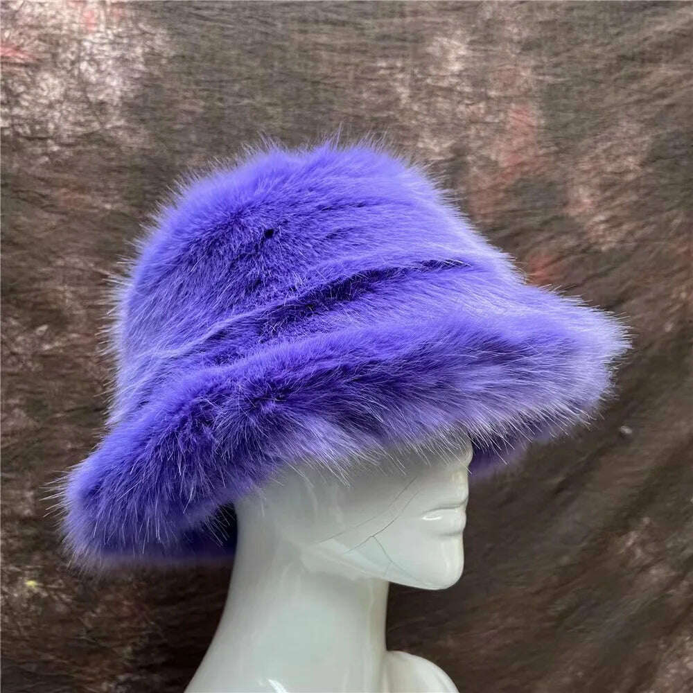 Winter Warm Faux Fur Bucket Hats For Women Girl Big Faux Fur Fluffy Luxury Plush Fisherman Caps Fashion Outdoor Ski Hat - KIMLUD