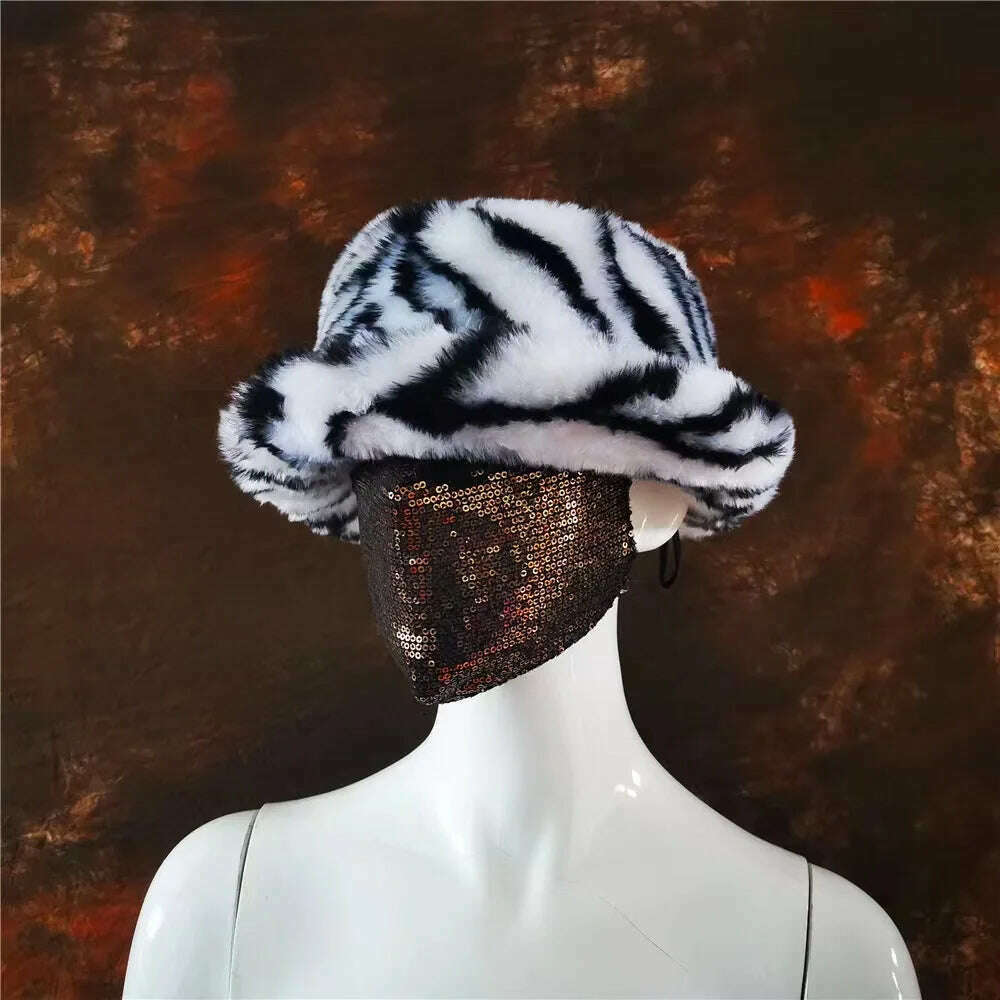Winter Warm Faux Fur Bucket Hats For Women Girl Big Faux Fur Fluffy Luxury Plush Fisherman Caps Fashion Outdoor Ski Hat - KIMLUD