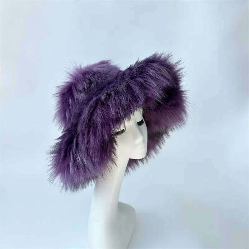 Winter Warm Faux Fur Bucket Hats For Women Girl Big Faux Fur Fluffy Luxury Plush Fisherman Caps Fashion Outdoor Ski Hat - KIMLUD
