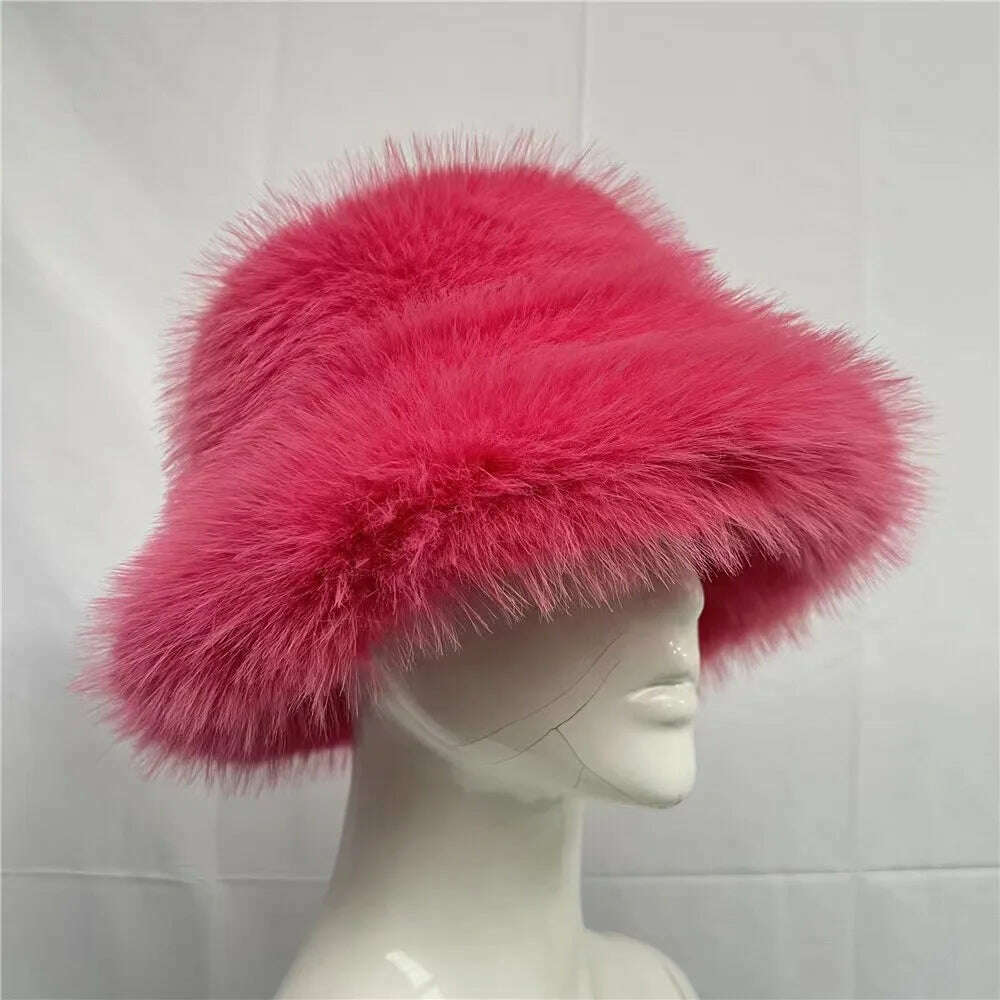 Winter Warm Faux Fur Bucket Hats For Women Girl Big Faux Fur Fluffy Luxury Plush Fisherman Caps Fashion Outdoor Ski Hat - KIMLUD