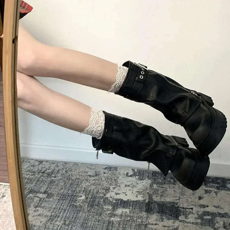 Winter Women Biker Boots Fashion Belt Buckle Ladies Elegant Platform Flats Short Booties Casual Women's Knight Booties - KIMLUD