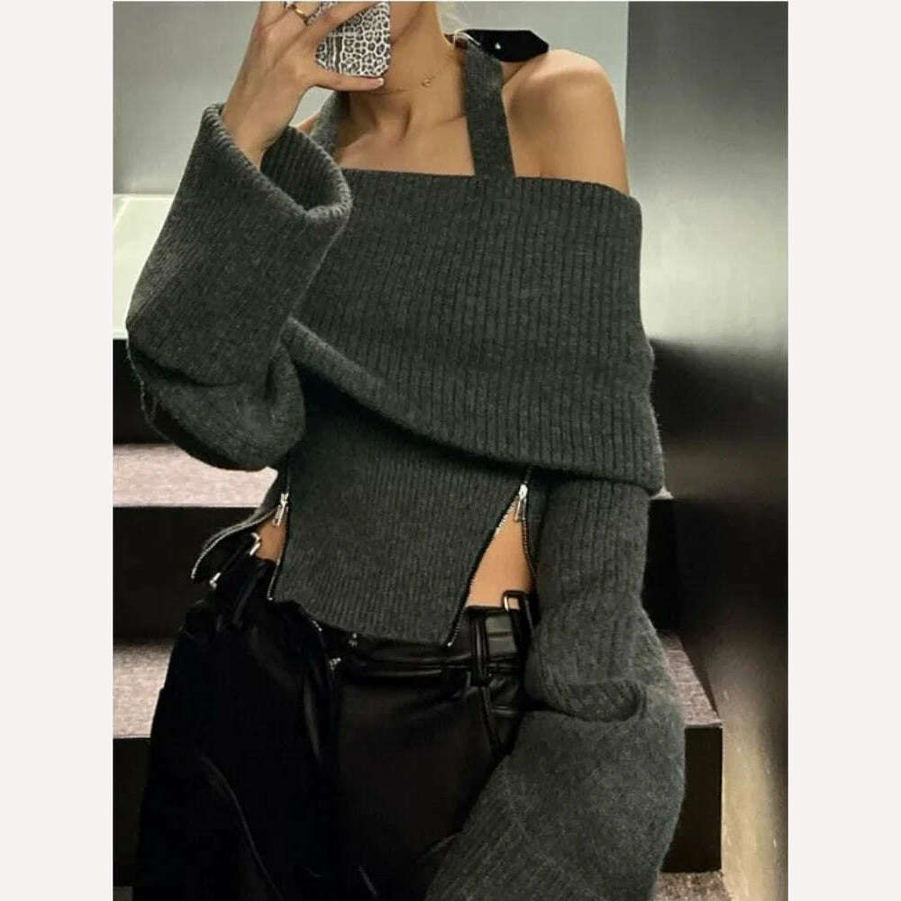 KIMLUD, Winter Y2k Elegant Knitted Pullovers Women Slash Neck Vintage Sexy Chic Sweaters Female Korean Fashion Slim Zipper Tops 2023 New, KIMLUD Womens Clothes