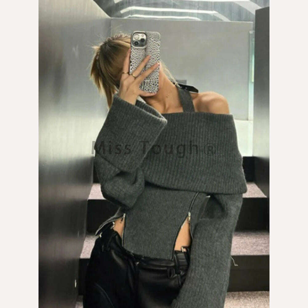 Winter Y2k Elegant Knitted Pullovers Women Slash Neck Vintage Sexy Chic Sweaters Female Korean Fashion Slim Zipper Tops 2023 New - KIMLUD