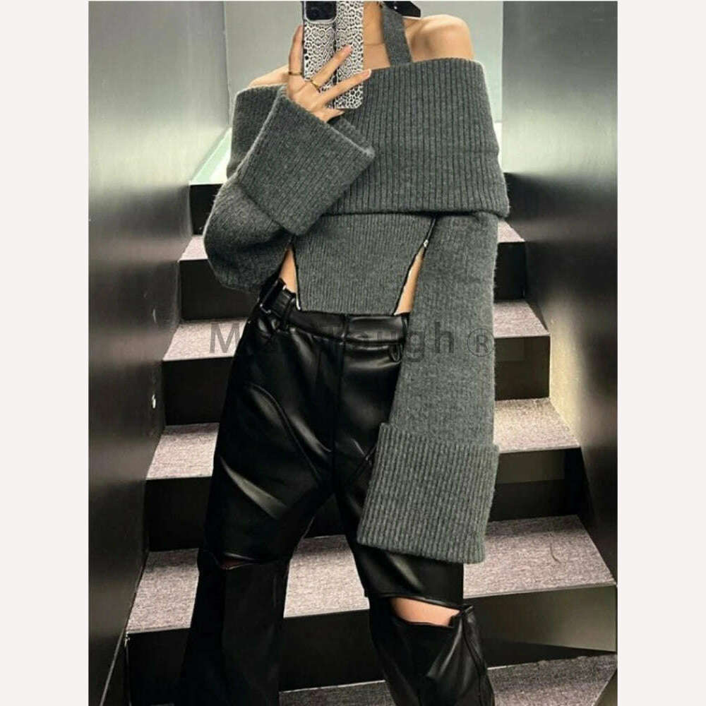 Winter Y2k Elegant Knitted Pullovers Women Slash Neck Vintage Sexy Chic Sweaters Female Korean Fashion Slim Zipper Tops 2023 New - KIMLUD