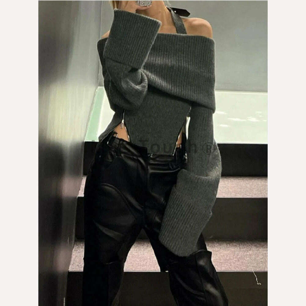 Winter Y2k Elegant Knitted Pullovers Women Slash Neck Vintage Sexy Chic Sweaters Female Korean Fashion Slim Zipper Tops 2023 New - KIMLUD
