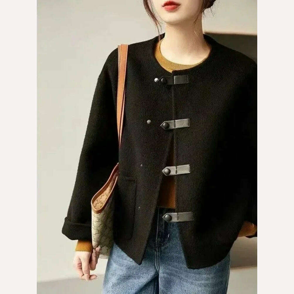 Woman Clothing 2023 Autumn Winter O Neck Solid Coat for Women Korean Fashion Tweed Jacket Temperament Single Breasted New Jacket - KIMLUD