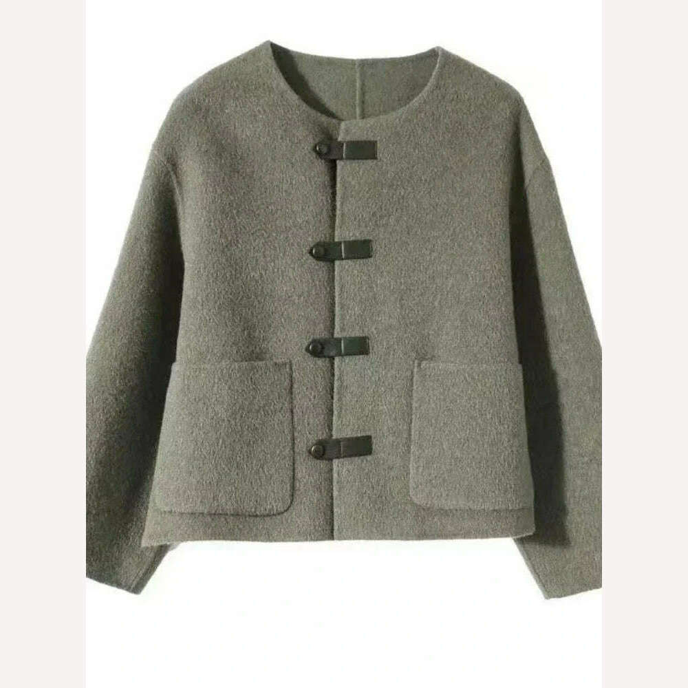 Woman Clothing 2023 Autumn Winter O Neck Solid Coat for Women Korean Fashion Tweed Jacket Temperament Single Breasted New Jacket - KIMLUD