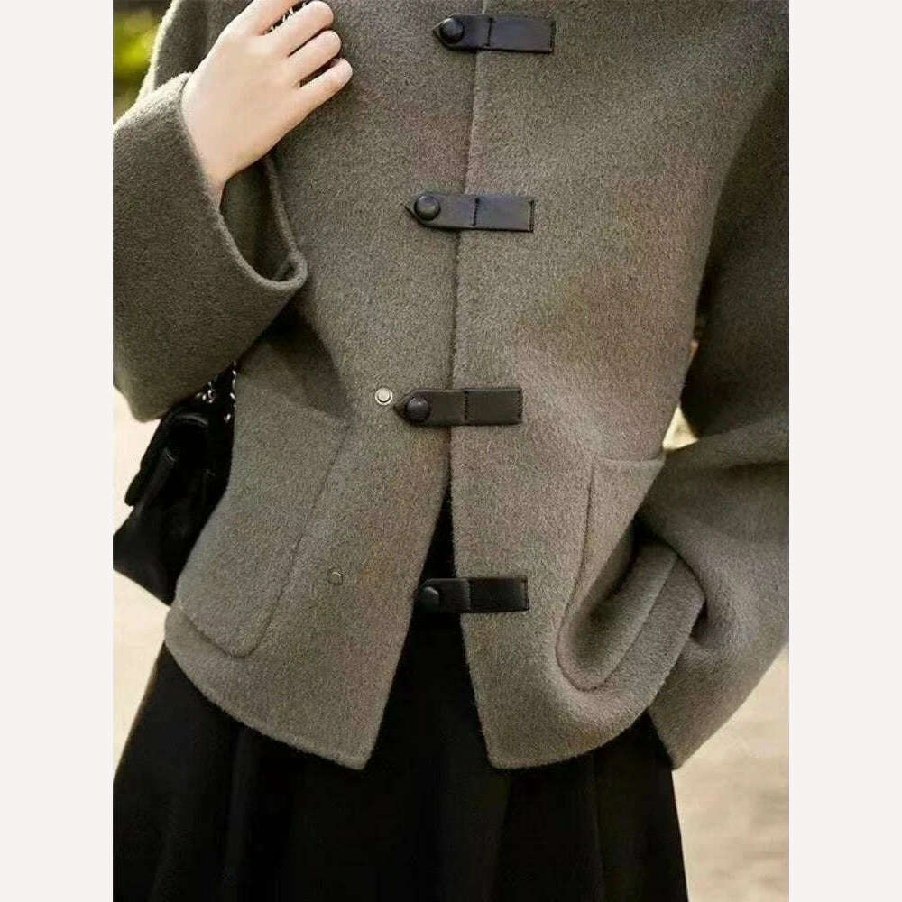 Woman Clothing 2023 Autumn Winter O Neck Solid Coat for Women Korean Fashion Tweed Jacket Temperament Single Breasted New Jacket - KIMLUD