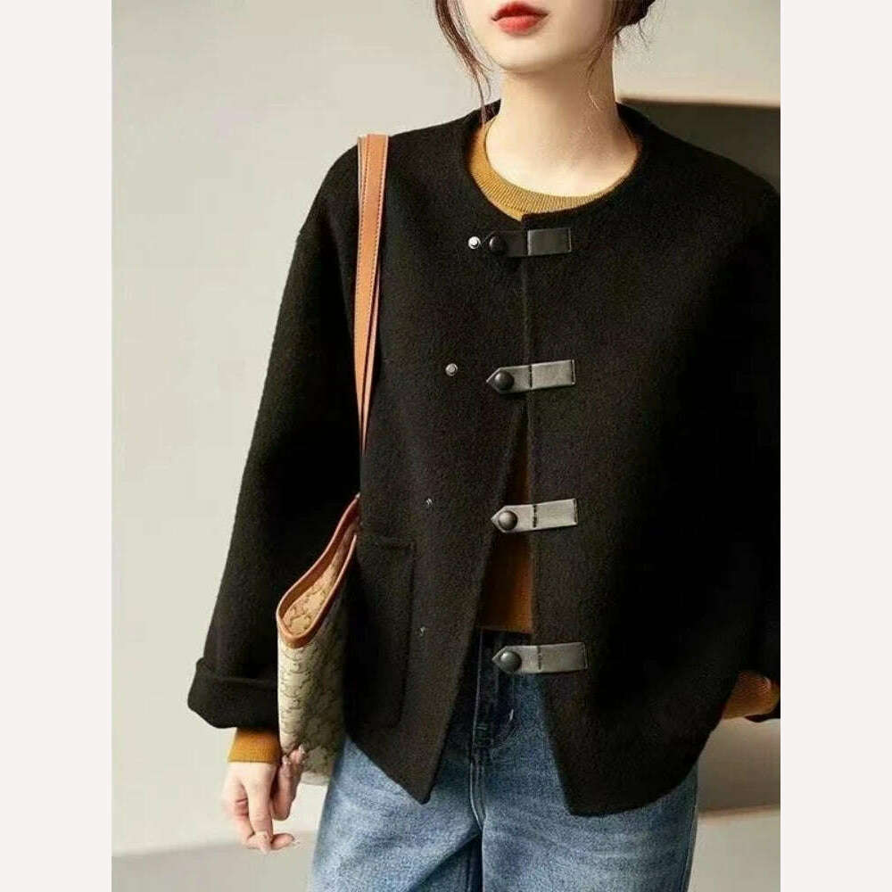 Woman Clothing 2023 Autumn Winter O Neck Solid Coat for Women Korean Fashion Tweed Jacket Temperament Single Breasted New Jacket - KIMLUD