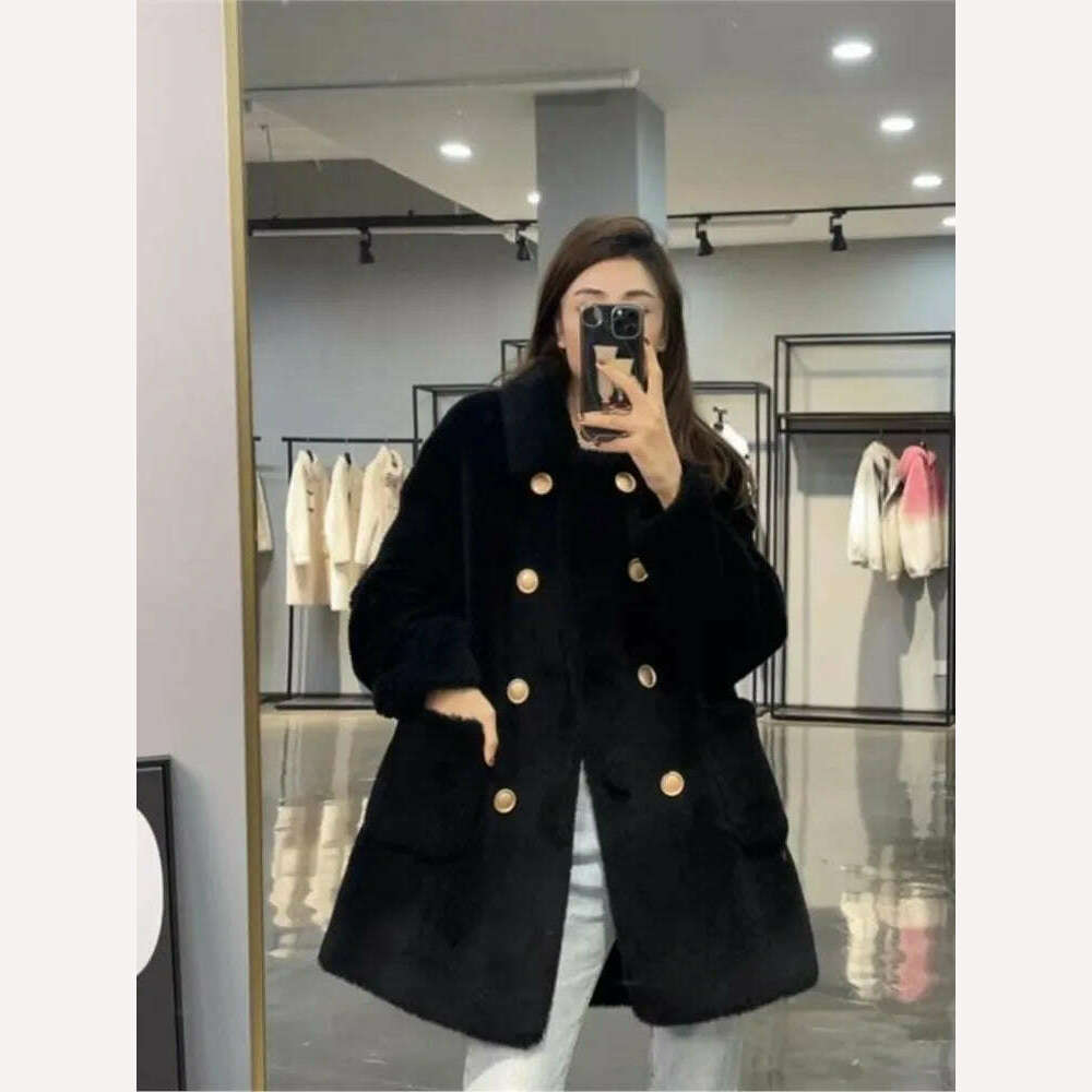 Women 2022 Winter Fashion Double-breasted Warm Coats Female Genuine Lamb Fur Jackets Ladies Long Sheep Shearing Thick Overcoats - KIMLUD