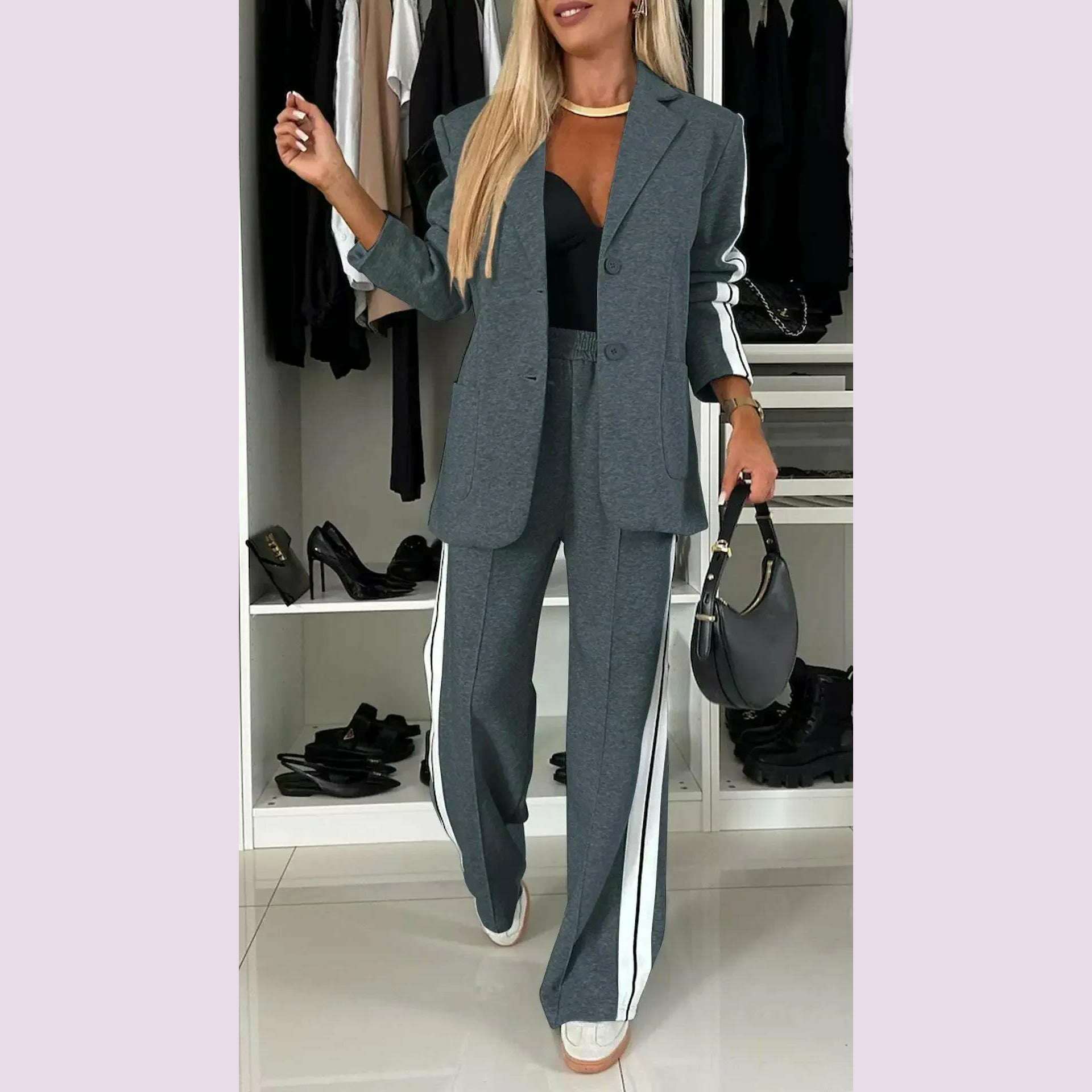 KIMLUD, Women 2pcs Clothes Set Stripes Printed Long Sleeve Blazer Jacket & High Waist Long Pants Office Lady, 1 / S, KIMLUD APPAREL - Womens Clothes