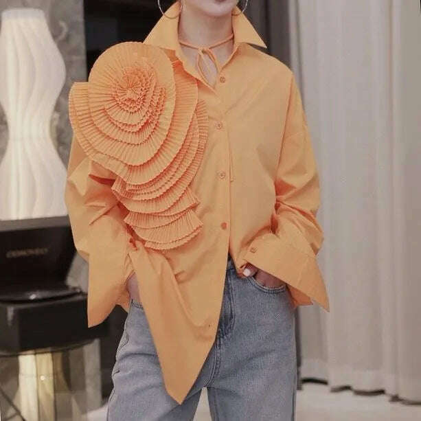 Women 3D Ruched Large Flowers Shirts Long Sleeved Luxury Pleated Floral Blouses Streetwear Single Breasted Cardigan Tops Blusas - KIMLUD