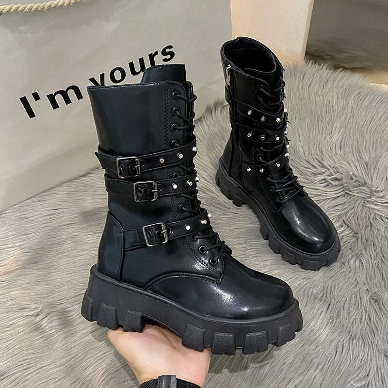WOMEN ANKLE BOOTS Goth Boots Woman Winter 2022 Platform Shoes Sneakers Studded Belt Buckle Punk Army Chunky Heels Mid Calf Boots - KIMLUD