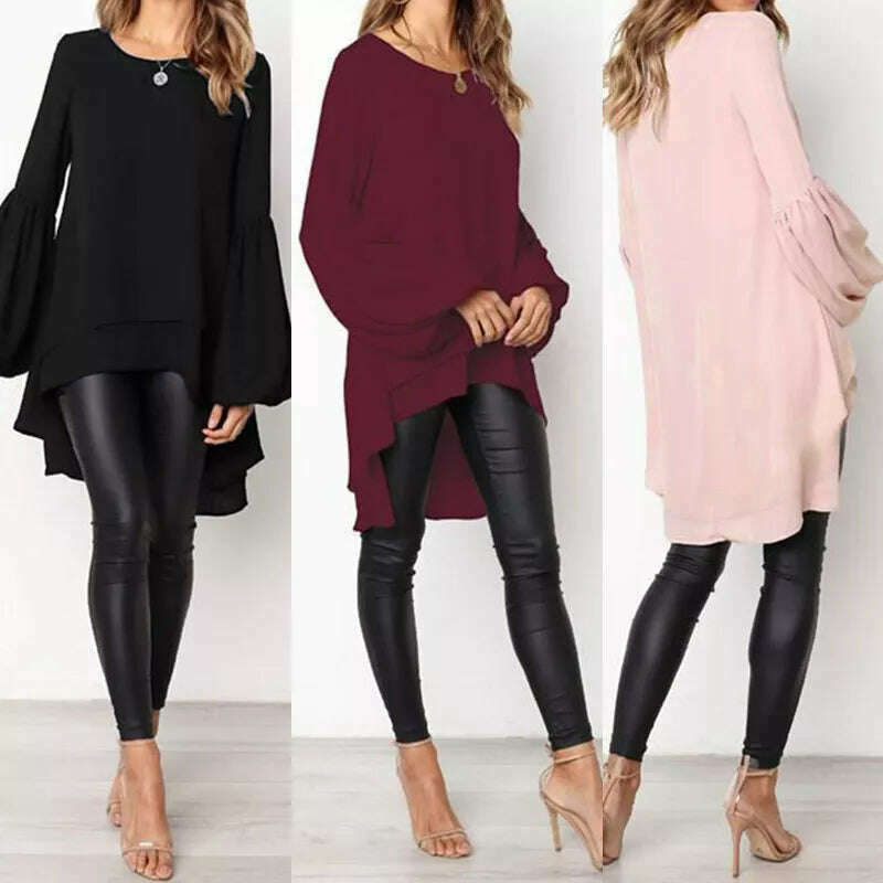 KIMLUD, Women Blouse ZANZEA Autumn Crew Neck Lantern SleeveShirt Casual Solid Blusas Femininas Long Tops Tunic Asymmetrical Hem Blouses, KIMLUD Womens Clothes