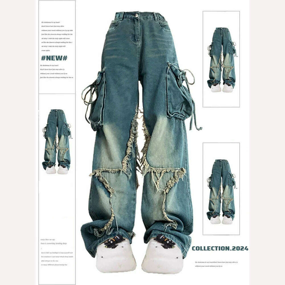 Women Blue Cargo Jeans Baggy Vintage 90s Aesthetic High Waist Cowboy Pants Harajuku Denim Trousers Y2k Trashy 2000s Clothes 2024 - KIMLUD