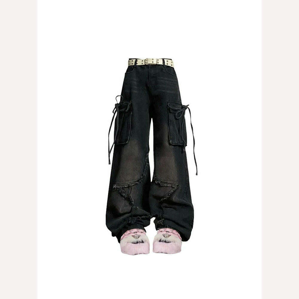 Women Blue Cargo Jeans Baggy Vintage 90s Aesthetic High Waist Cowboy Pants Harajuku Denim Trousers Y2k Trashy 2000s Clothes 2024 - KIMLUD