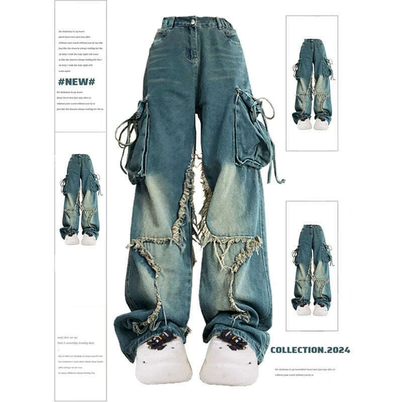 Women Blue Cargo Jeans Baggy Vintage 90s Aesthetic High Waist Cowboy Pants Harajuku Denim Trousers Y2k Trashy 2000s Clothes 2024 - KIMLUD