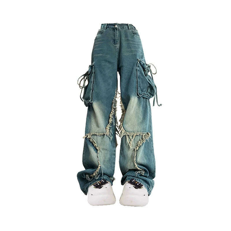Women Blue Cargo Jeans Baggy Vintage 90s Aesthetic High Waist Cowboy Pants Harajuku Denim Trousers Y2k Trashy 2000s Clothes 2024 - KIMLUD