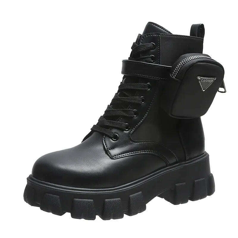 Women Boots New In Motorcycle Ankle Boots Wedges Female Lace Up Platforms White Black Leather Oxford Shoes Women Boots Mujer Bag - KIMLUD