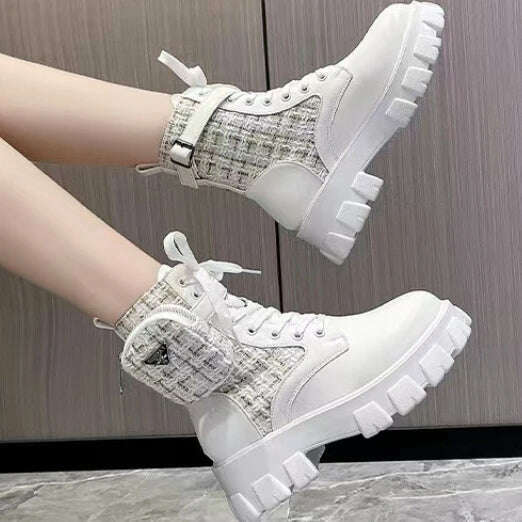 Women Boots New In Motorcycle Ankle Boots Wedges Female Lace Up Platforms White Black Leather Oxford Shoes Women Boots Mujer Bag - KIMLUD