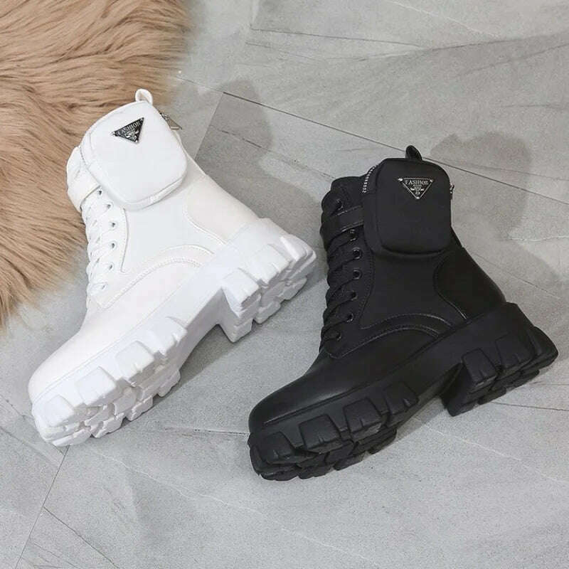 Women Boots New In Motorcycle Ankle Boots Wedges Female Lace Up Platforms White Black Leather Oxford Shoes Women Boots Mujer Bag - KIMLUD