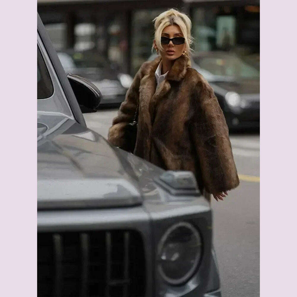KIMLUD, Women Brown Winter Faux Fur Oversized Coat Fashion Loosen Lapel Fluffy Thicken Warm Overcoat 2024 Female High Street Outerwear, KIMLUD Womens Clothes