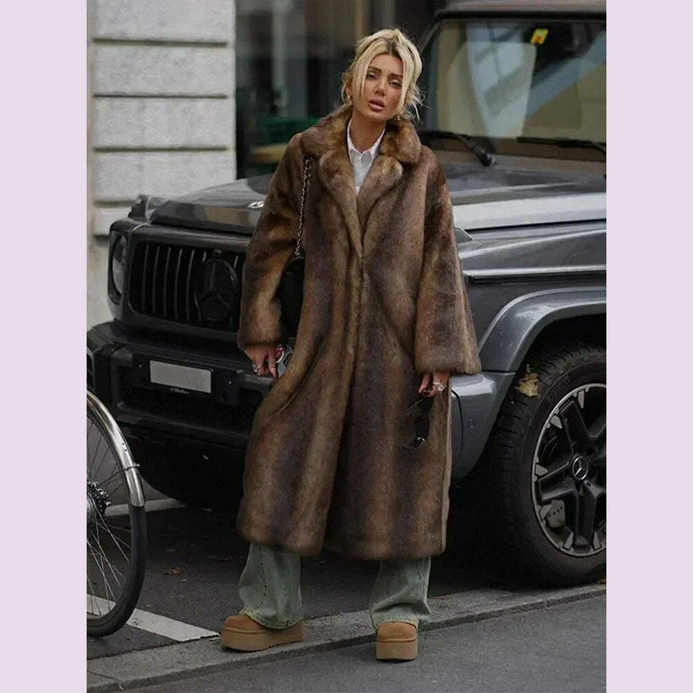 KIMLUD, Women Brown Winter Faux Fur Oversized Coat Fashion Loosen Lapel Fluffy Thicken Warm Overcoat 2024 Female High Street Outerwear, KIMLUD Womens Clothes