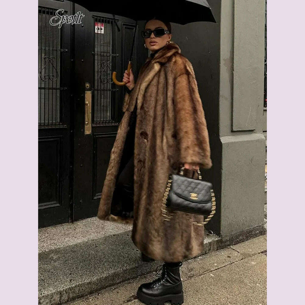 KIMLUD, Women Brown Winter Faux Fur Oversized Coat Fashion Loosen Lapel Fluffy Thicken Warm Overcoat 2024 Female High Street Outerwear, KIMLUD Womens Clothes