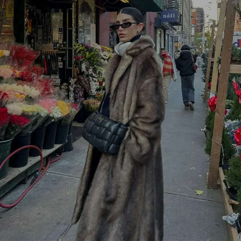 KIMLUD, Women Brown Winter Faux Fur Oversized Coat Fashion Loosen Lapel Fluffy Thicken Warm Overcoat 2024 Female High Street Outerwear, KIMLUD Womens Clothes