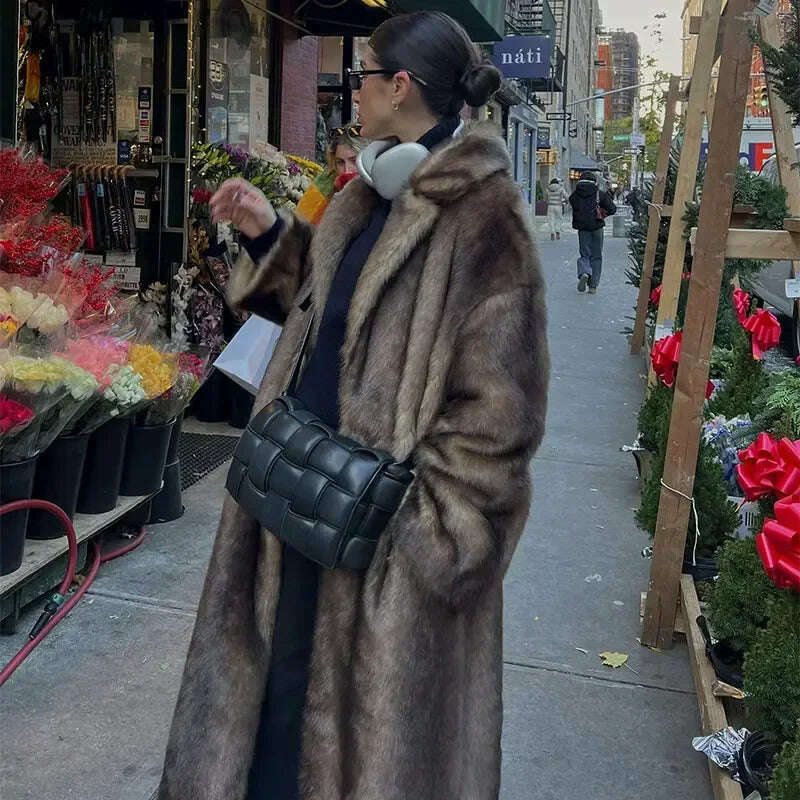 KIMLUD, Women Brown Winter Faux Fur Oversized Coat Fashion Loosen Lapel Fluffy Thicken Warm Overcoat 2024 Female High Street Outerwear, KIMLUD Womens Clothes