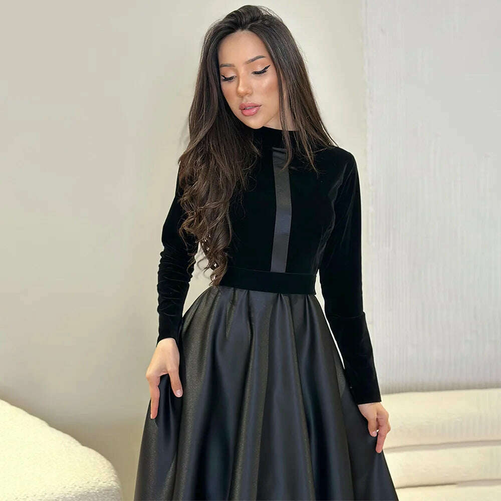 KIMLUD, Women Dress Canary Slim Waist Black Round Neck Long Sleeve Dress Vintage Commuter Robe Office Ladies Dress Vestidos, KIMLUD Womens Clothes