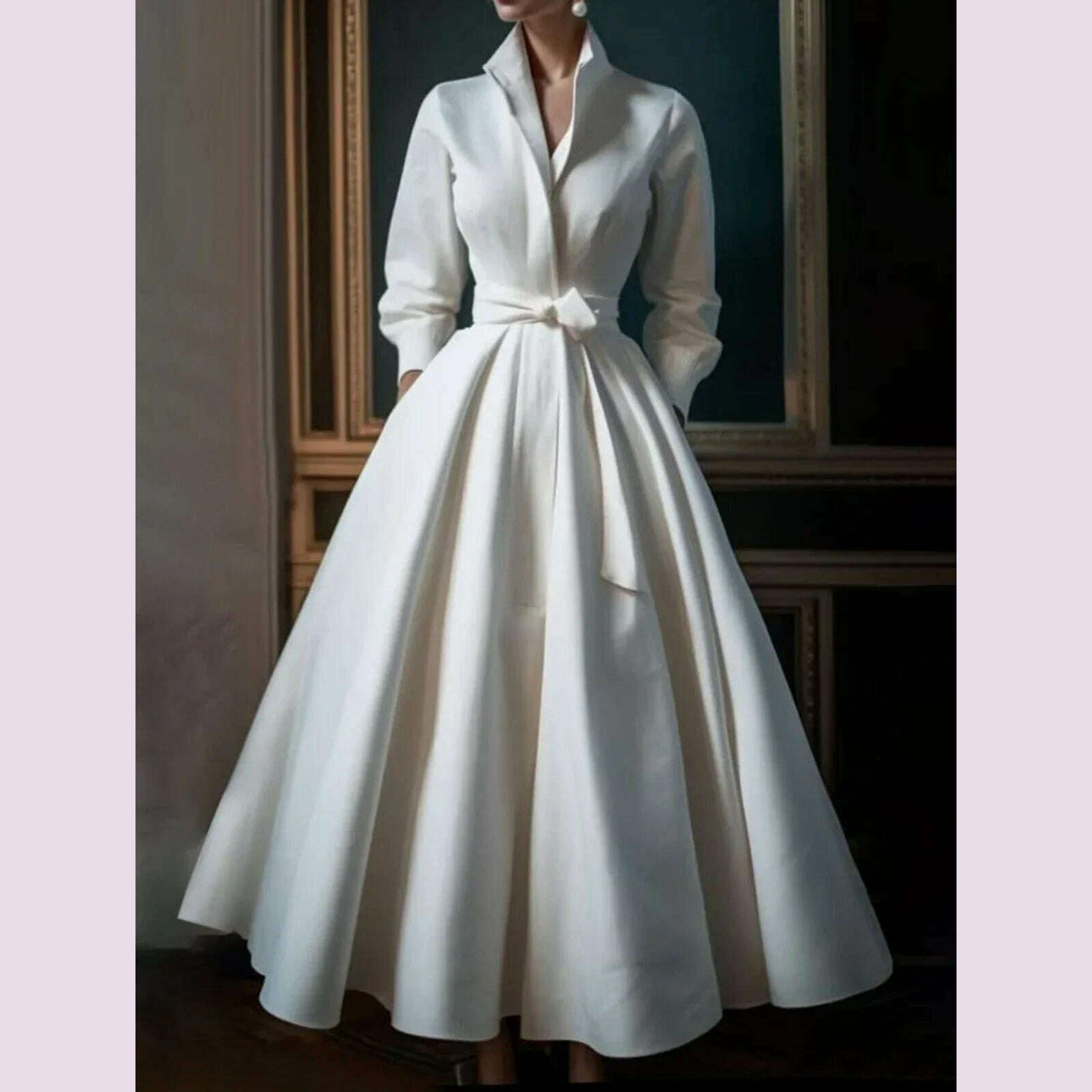 KIMLUD, Women Elegant Shirt Dress Long Sleeve Stand Collar White Minimalist A-Line Pleated Wedding Guest Long Dresses with Blet 2024, White / M, KIMLUD APPAREL - Womens Clothes