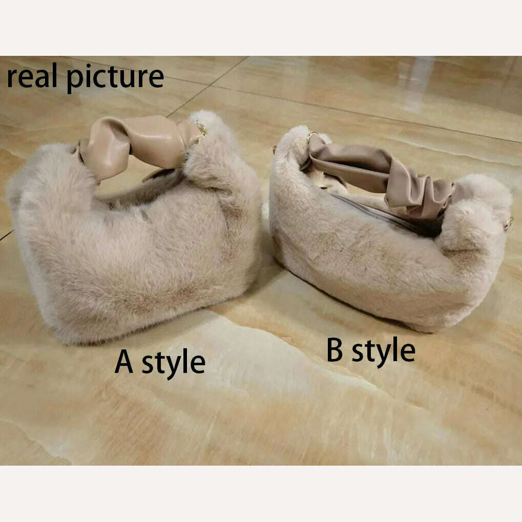 Women Faux Fur Handbags Zipper Small Lady Shoulder Crossbody Bag Casual Tote Half-Moon Hobos Winder - KIMLUD