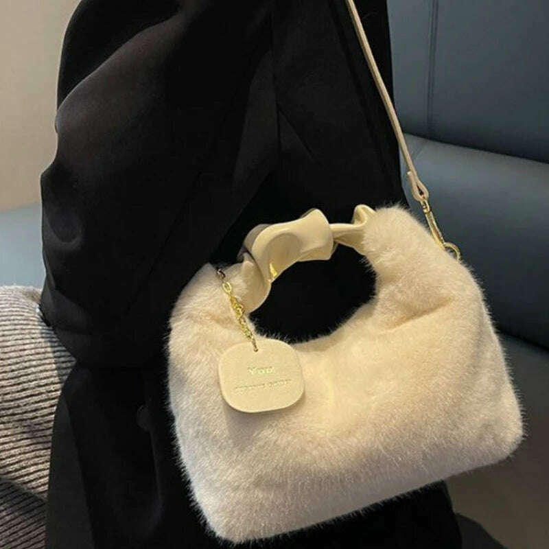 Women Faux Fur Handbags Zipper Small Lady Shoulder Crossbody Bag Casual Tote Half-Moon Hobos Winder - KIMLUD