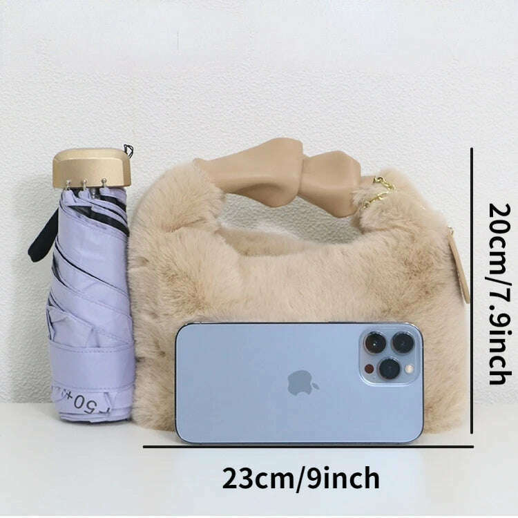 Women Faux Fur Handbags Zipper Small Lady Shoulder Crossbody Bag Casual Tote Half-Moon Hobos Winder - KIMLUD