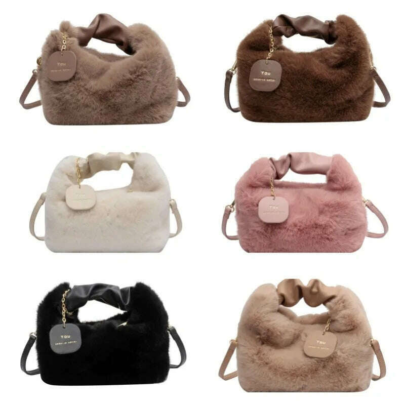 Women Faux Fur Handbags Zipper Small Lady Shoulder Crossbody Bag Casual Tote Half-Moon Hobos Winder - KIMLUD