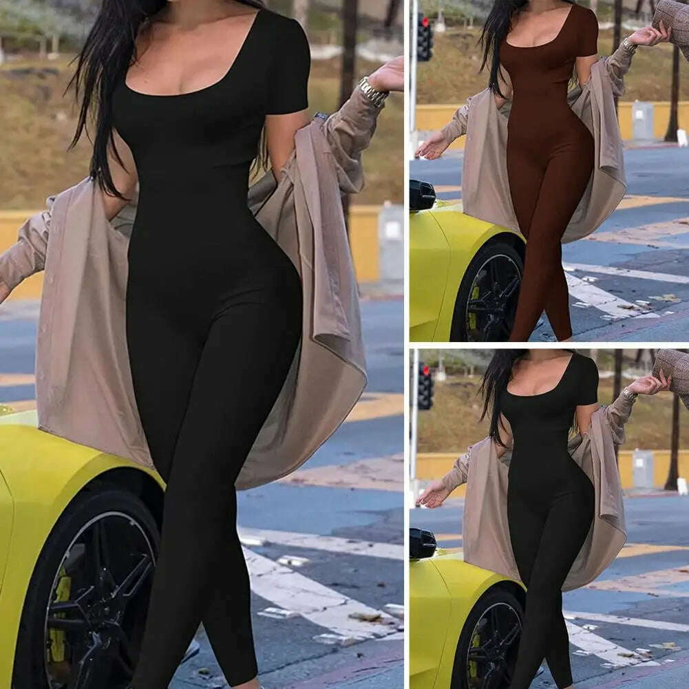 Women Jumpsuit Women's Summer Sports Jumpsuit Short Sleeve U Neck Elastic Sweat Absorption Butt-lifted Pure Color Gym for Active - KIMLUD