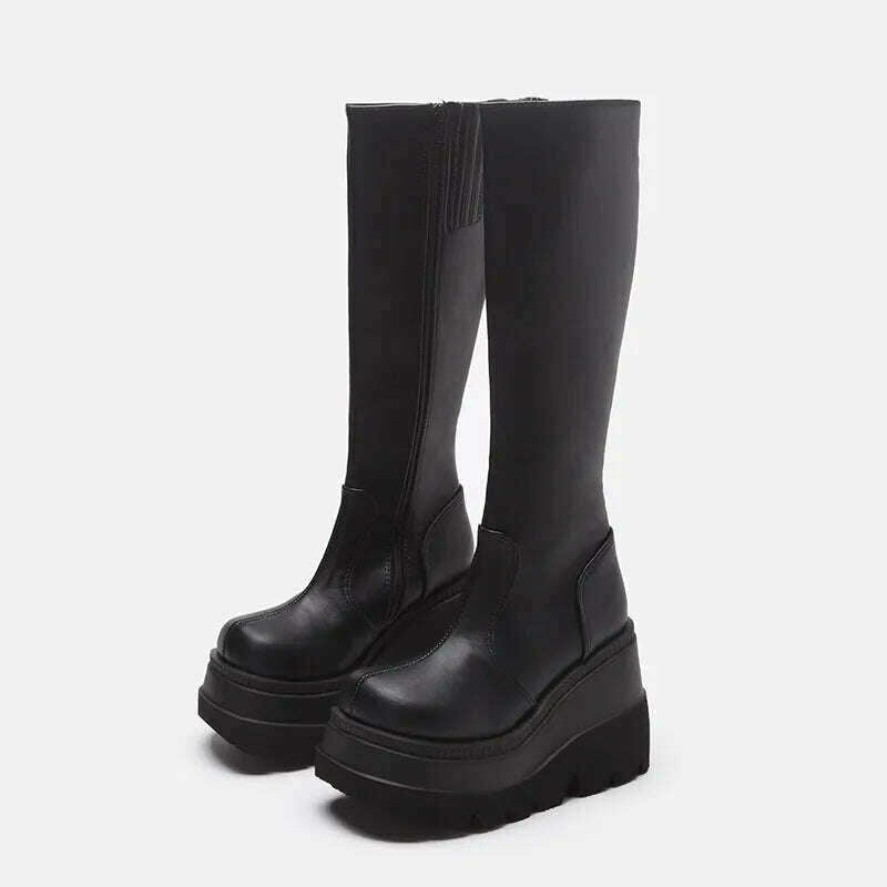 Women Knee High Boots Women&#39;s Zip Leather Buckle High Boots Woman Low Heels Ladies Buckle Belt Female Shoes Gothic Shoes - KIMLUD