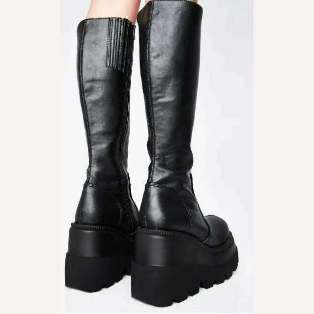 Women Knee High Boots Women&#39;s Zip Leather Buckle High Boots Woman Low Heels Ladies Buckle Belt Female Shoes Gothic Shoes - KIMLUD