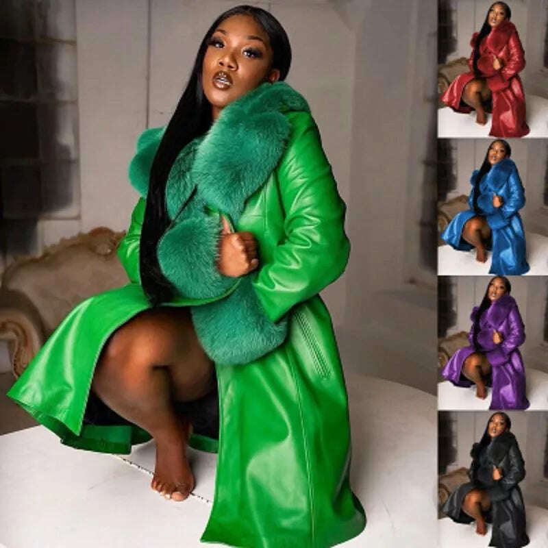 Women Leather Coat Fur Collar Winter Fashion Lapel Long Sleeve PU Zipper Plus Size Casual Womens Jackets - KIMLUD