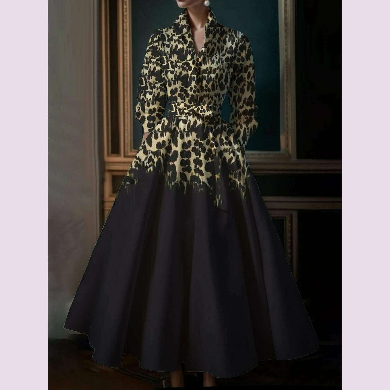 KIMLUD, Women Leopard Print Shirt Dress Long Sleeve Pleated A-Line Elegant Casual Vintage Autumn Turn Down Collar Dress with Belt 2024, KIMLUD Womens Clothes