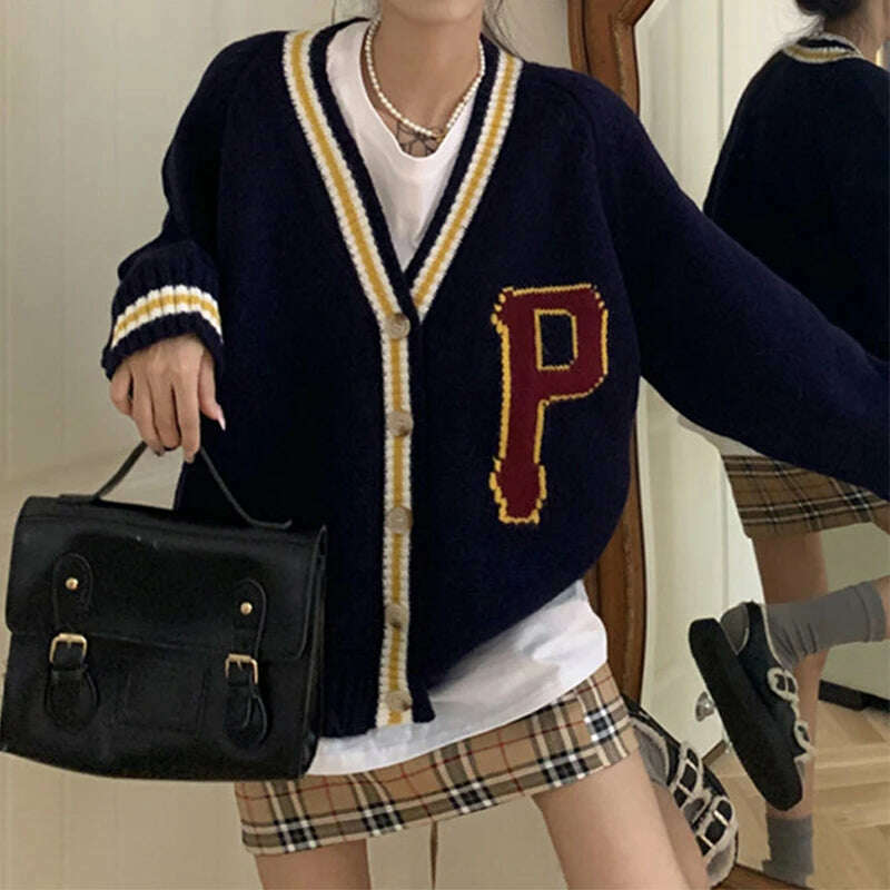 KIMLUD, Women Letter Printed Cardigan Sweater Coat Button Casual Loose Long Sleeve Sweater Coat Women Thicken Fall Winter Warm Knit Coat, KIMLUD Womens Clothes