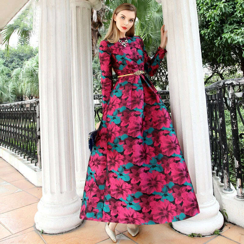 Women Long Sleeve Long Maxi Autumn Winter Dress Elegant Boho Fashion Good QualityFloral Jacquard Vintage Dress - KIMLUD