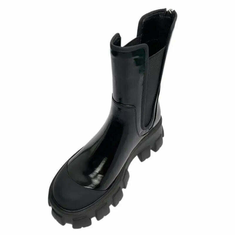 Women Motorcycle Boots Wedges Flat Shoes Woman Spring High Heel Platform Leather Combat Boots Lace Up Shoes Black Girls Platform - KIMLUD