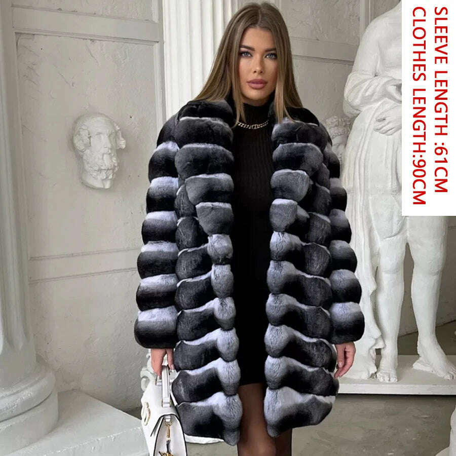 Women Natural Rex Rabbit Fur Coat With Fur Collar Warm Winter Jacket Women Warm Chinchilla Fur Jacket Real Fur Coat New - KIMLUD