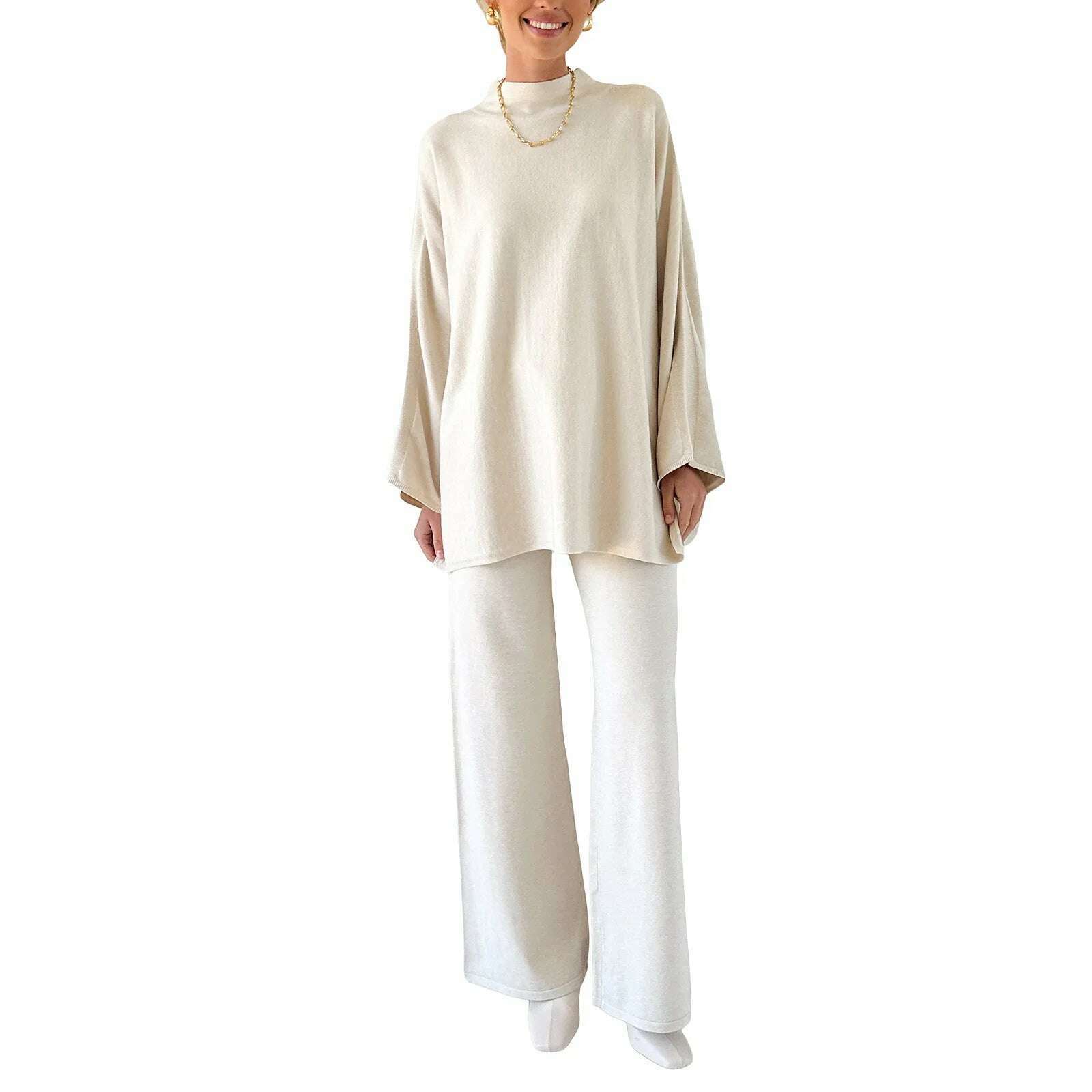 Women Pants Suit Elegant Long Sleeve Semi-high Collar Sweater with Wide Leg Pants Fall Outfit - KIMLUD
